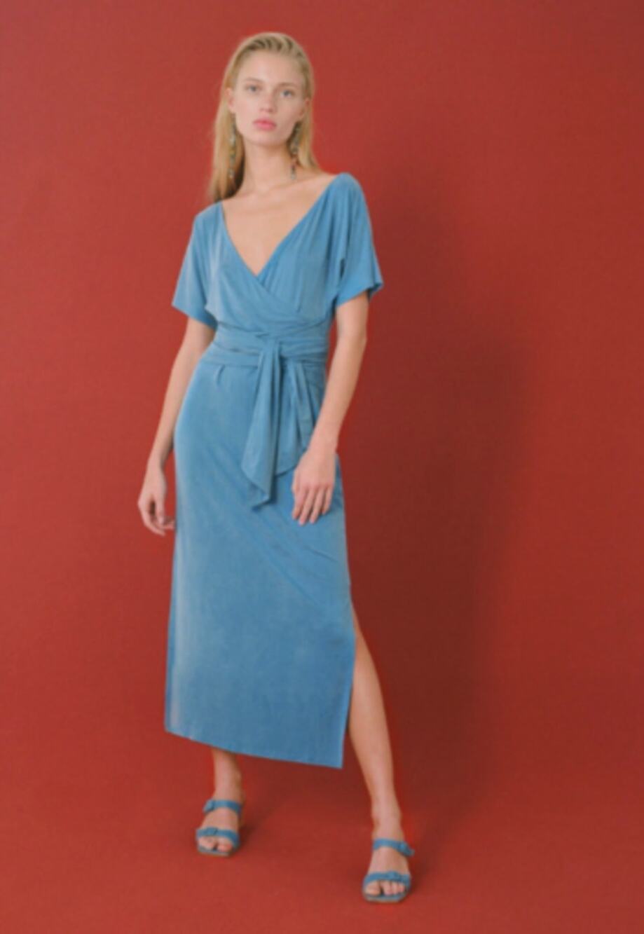Paloma Wool Silvana Blue Cupro Wrap Midi Dress Tie Waist Portugal Sz S